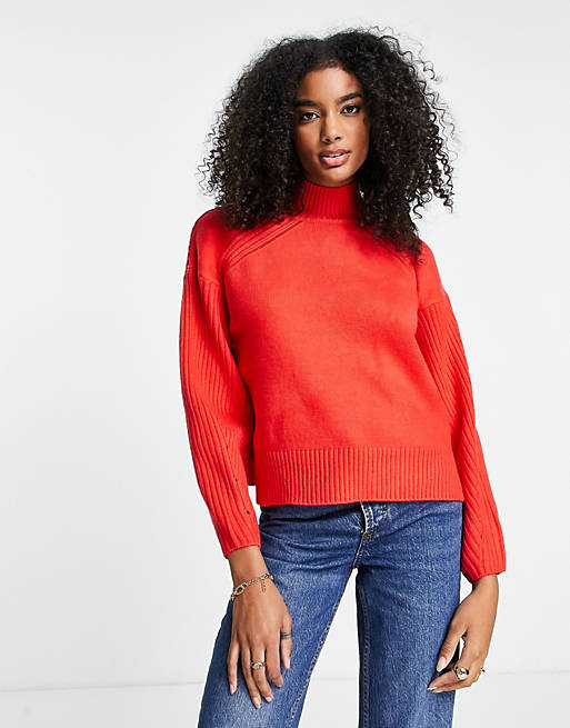  River Island rib sleeve high neck jumper in red 