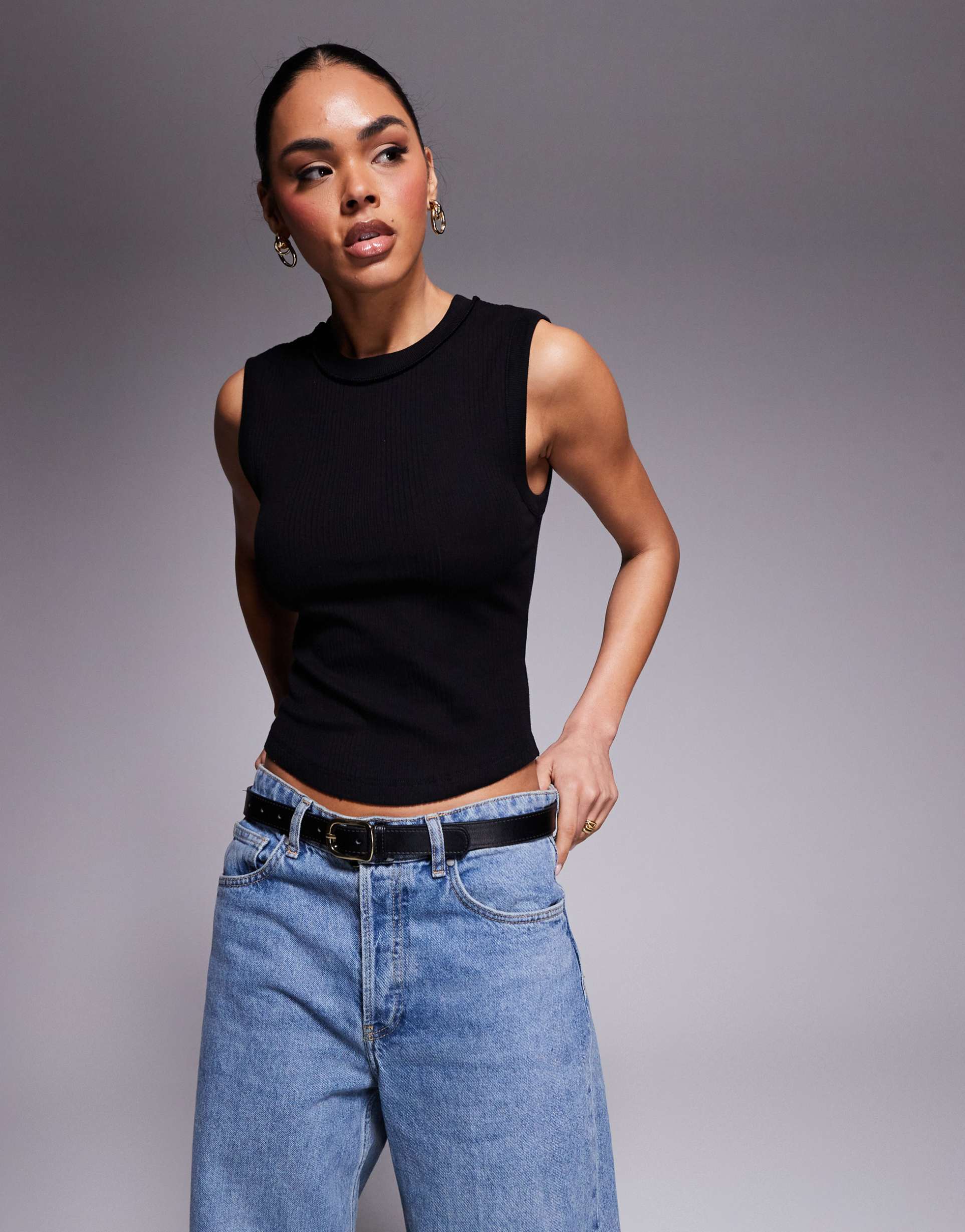 river island rib tank top in black