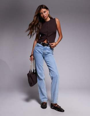 River Island Ribbed Button Front Top In Brown