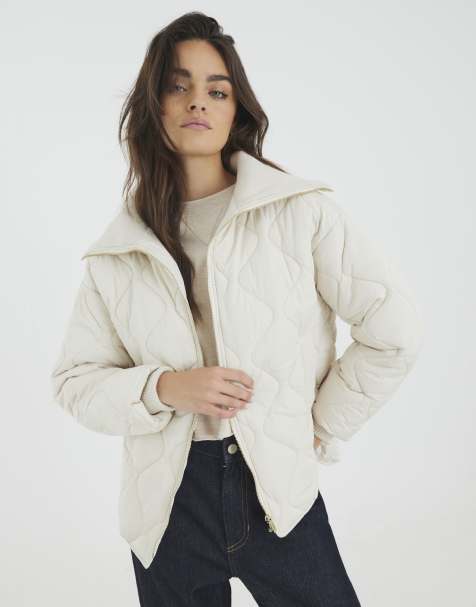 River Island Ribbed collar quilted jacket in cream - view 1