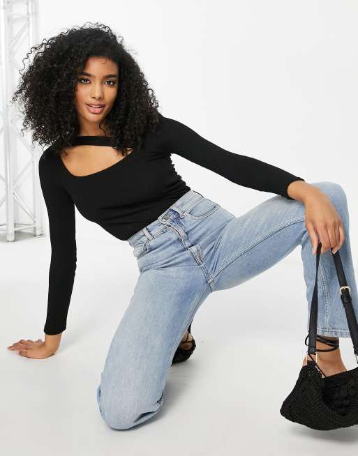 River Island ribbed cut-out top in black
