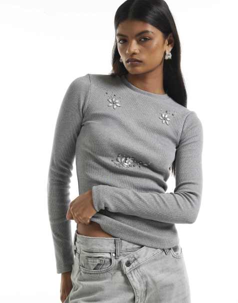 River Island Ribbed embellished long sleeve t-shirt in grey