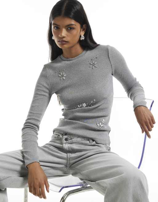 River Island Ribbed embellished long sleeve t-shirt in grey, 2 of 4