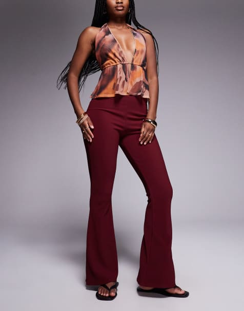 River Island ribbed flare trousers in burgundy - view 1