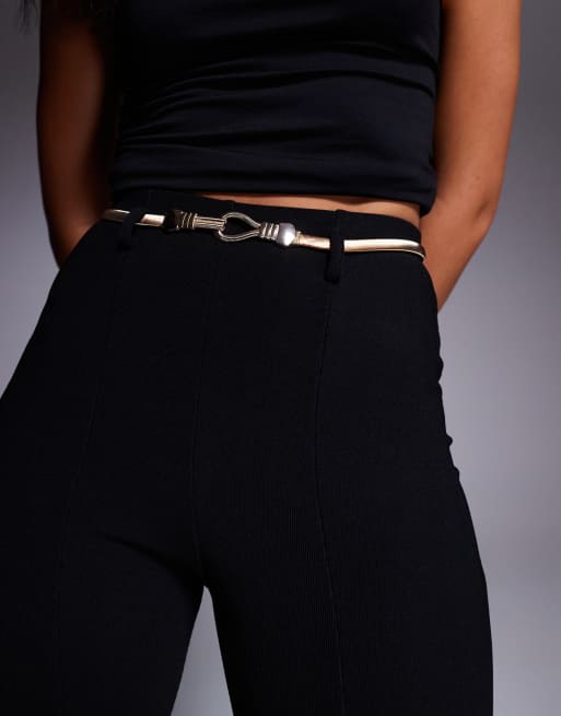 River Island ribbed flare trousers with belt in black, 2 of 5