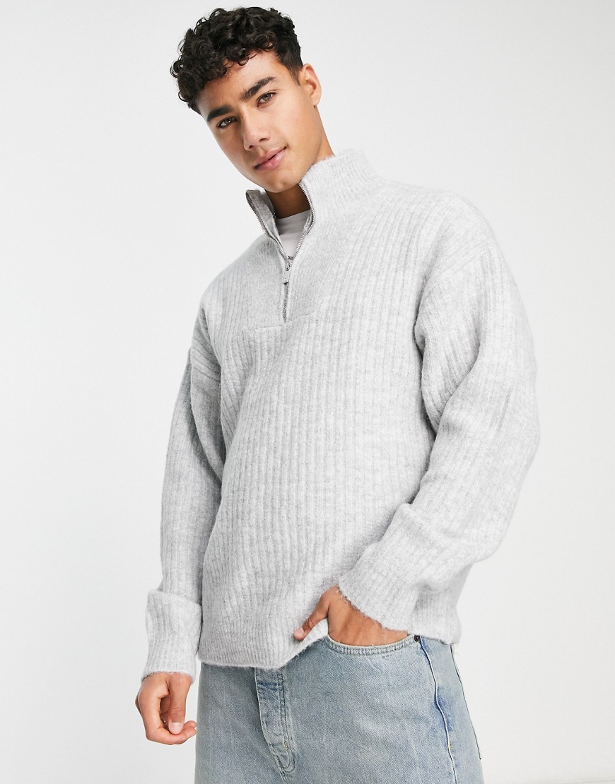 River Island ribbed half zip funnel sweater in gray