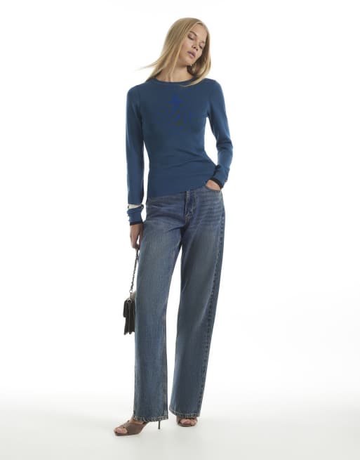 River Island Ribbed knit layered cuff top in blue, 3 of 4