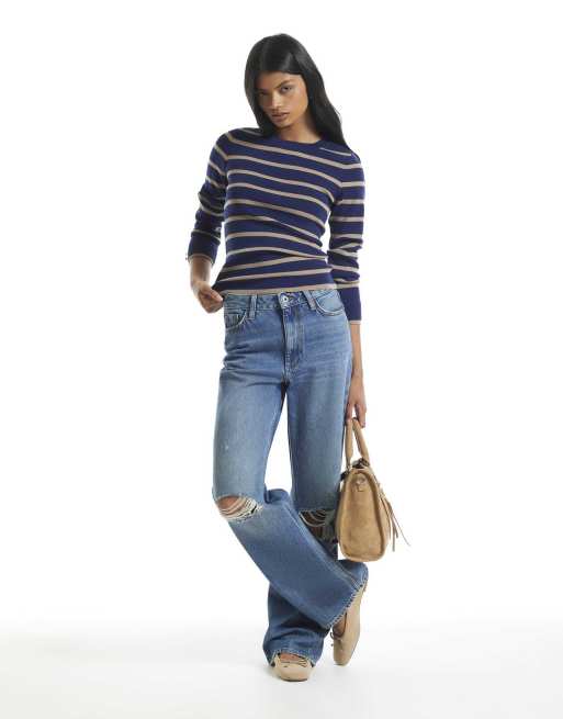 River Island Ribbed knit layered cuff top in navy, 3 of 4