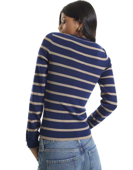 River Island Ribbed knit layered cuff top in navy, 4 of 4