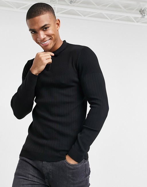 River Island ribbed knitted polo in black