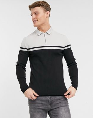River Island ribbed knitted polo with blocking in black