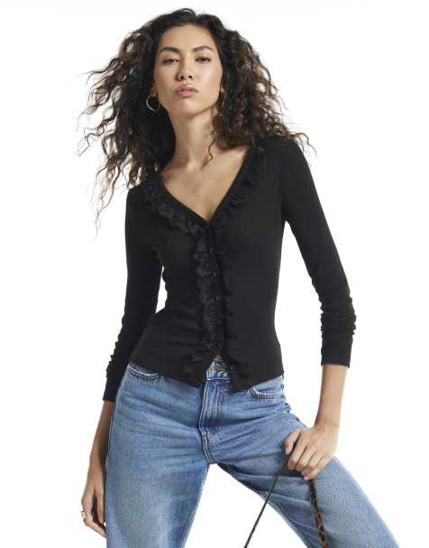 River Island Ribbed lace trim cardigan in black - view 1