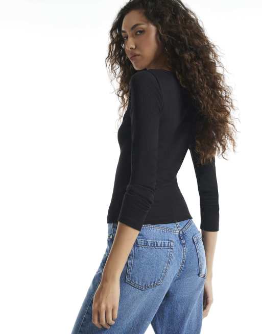 River Island Ribbed lace trim cardigan in black, 4 of 4