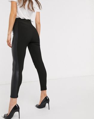 River Island ribbed leggings with faux leather side panel in black