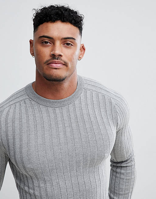 River Island Ribbed LightWeight Muscle Fit Jumper In Light Grey | ASOS