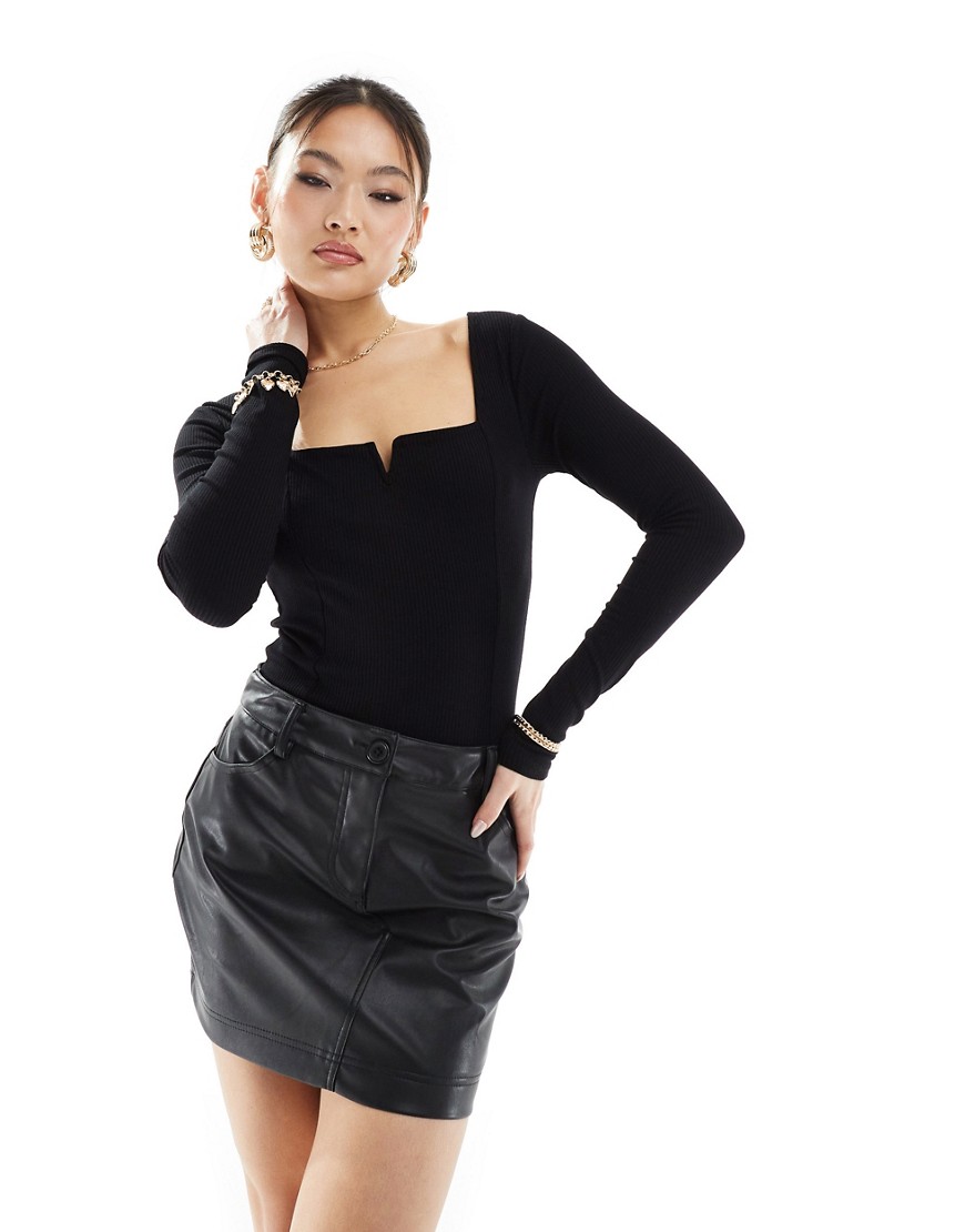 River Island ribbed long sleeve top in black