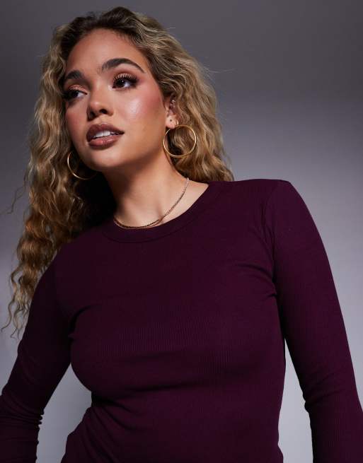 River Island ribbed long sleeve top in burgundy, 3 of 4