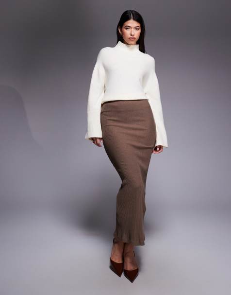 River Island ribbed midi skirt in light brown - view 1