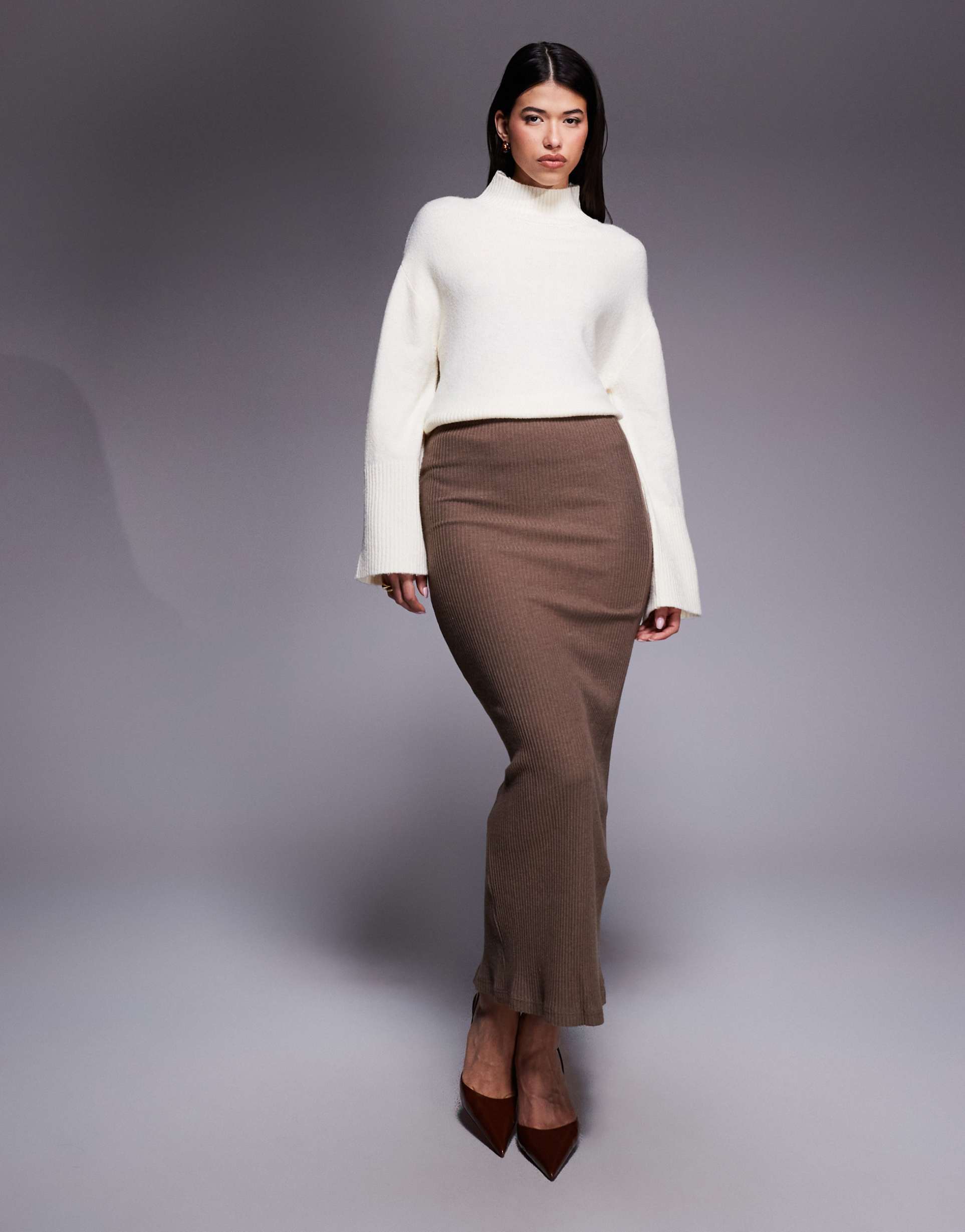 river island ribbed midi skirt in light brown