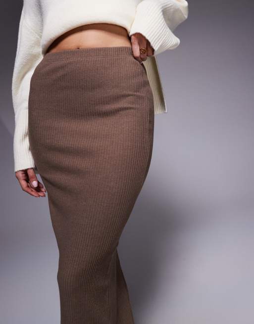 River Island ribbed midi skirt in light brown, 3 of 5