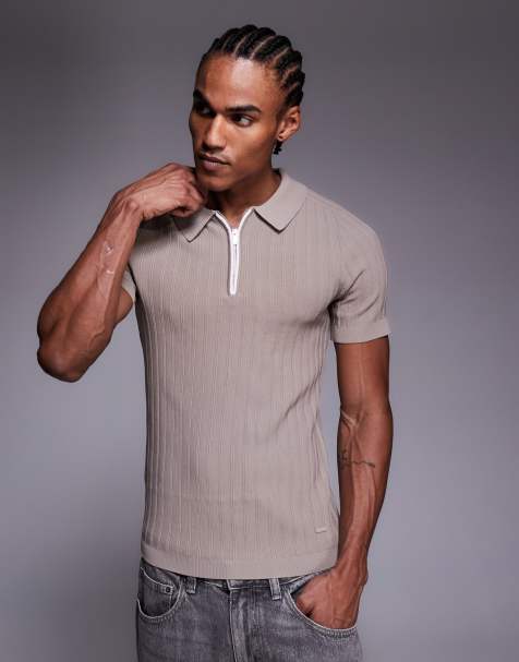 River Island ribbed muscle fit polo shirt in stone - view 1