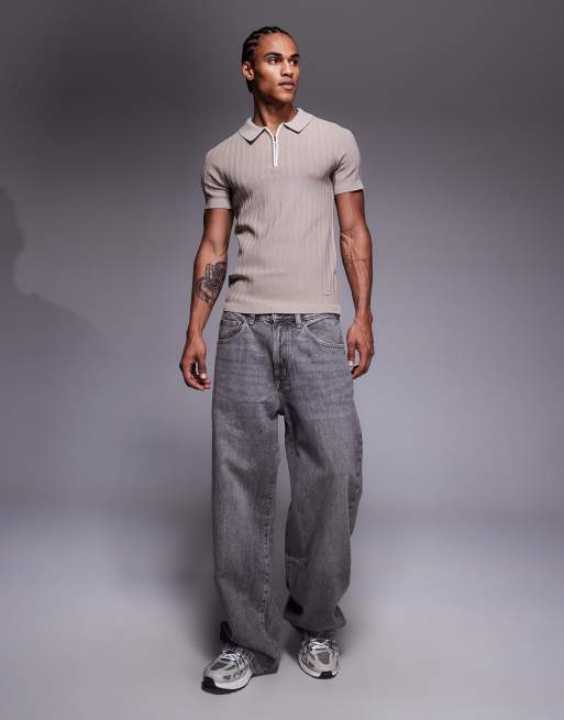 River Island ribbed muscle fit polo shirt in stone, 2 of 5