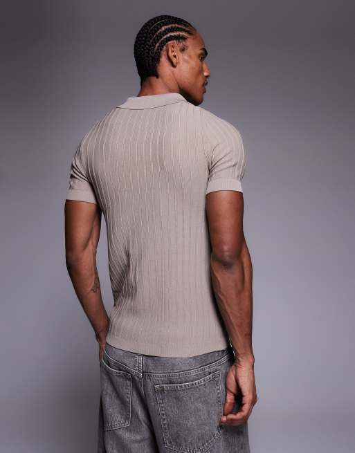 River Island ribbed muscle fit polo shirt in stone, 3 of 5
