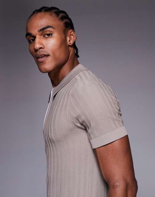 River Island ribbed muscle fit polo shirt in stone, 4 of 5