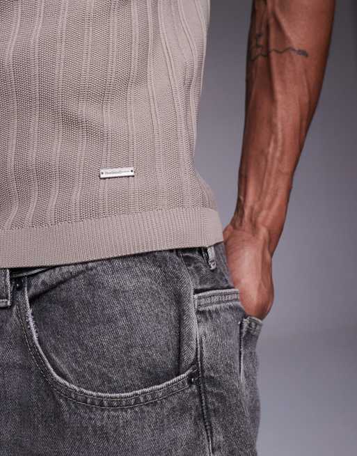 River Island ribbed muscle fit polo shirt in stone, 5 of 5