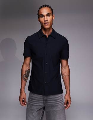 River Island Ribbed Muscle Fit Shirt In Blue