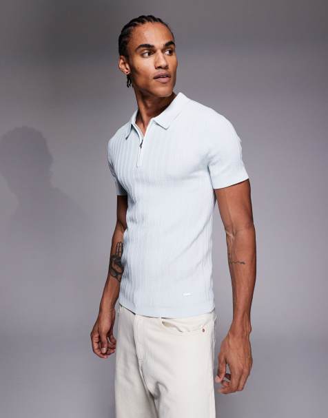 River Island ribbed muscle polo in light blue
