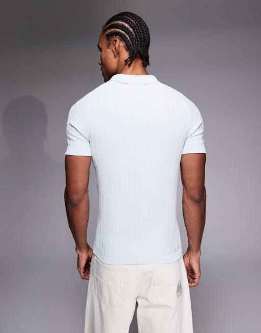 River Island ribbed muscle polo in light blue, 3 of 5