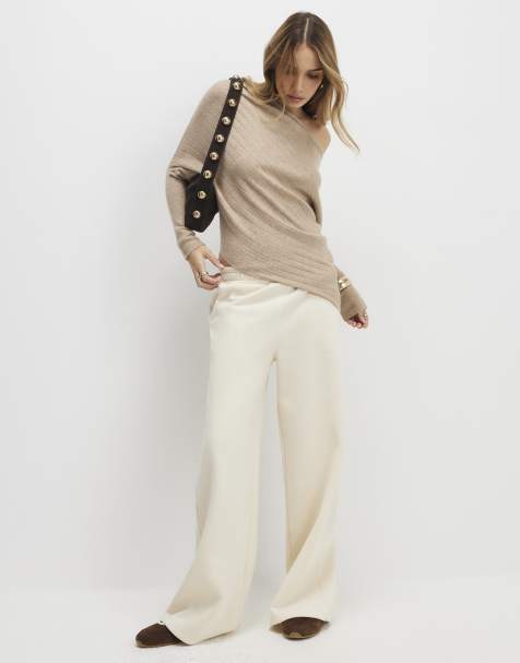 River Island Ribbed off the shoulder jumper in brown - view 1