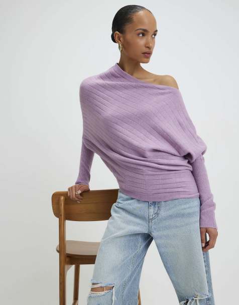 River Island Ribbed off the shoulder jumper in purple - light