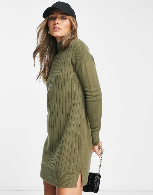 River Island ribbed panel sweater mini dress in khaki