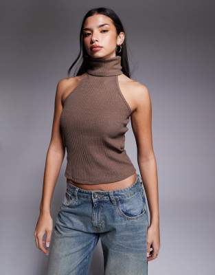 River Island Ribbed Roll Neck Halter Top In Brown