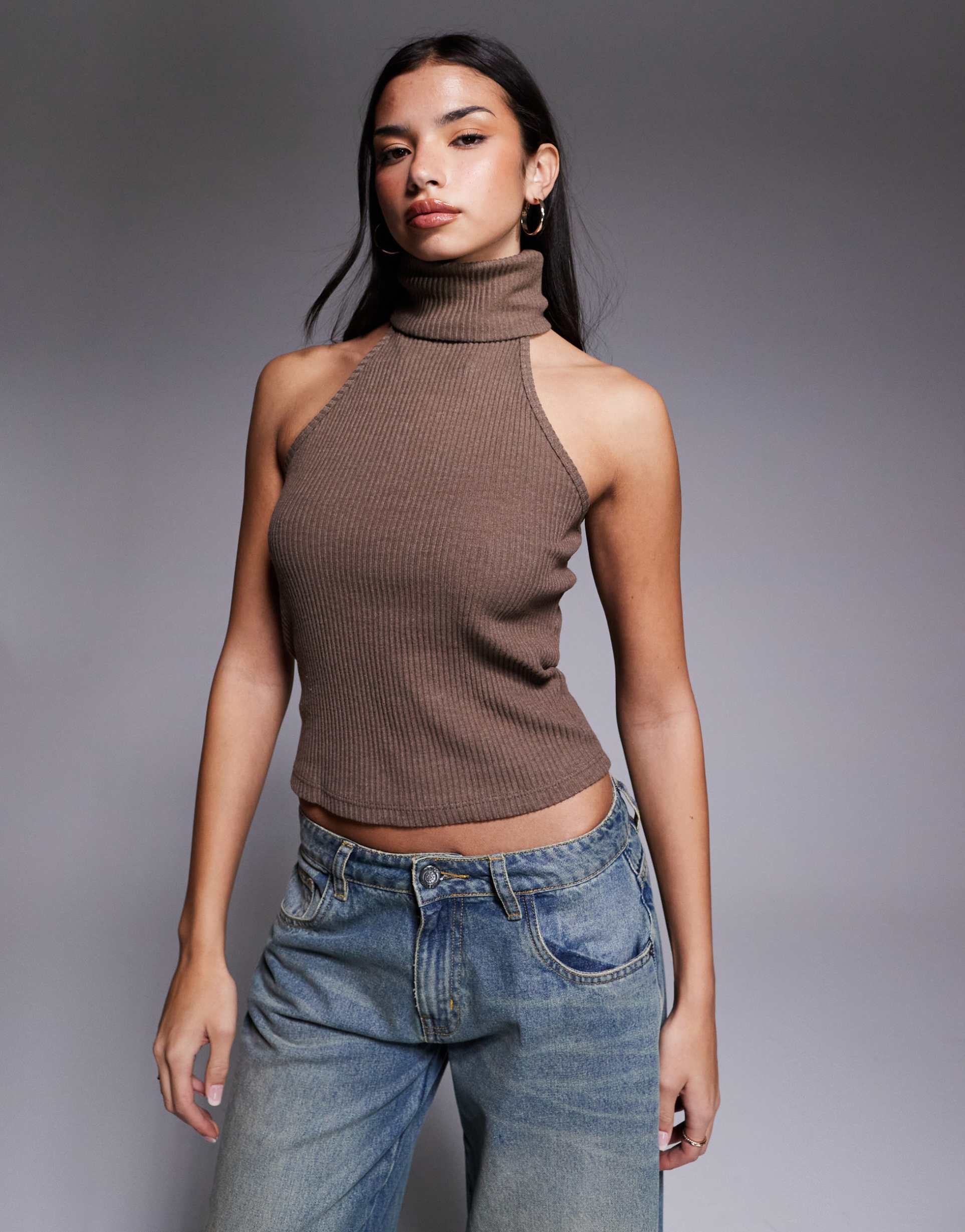 river island ribbed roll neck halter top in light brown