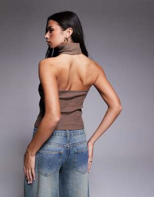 River Island Ribbed Roll Neck Halter Top In Brown