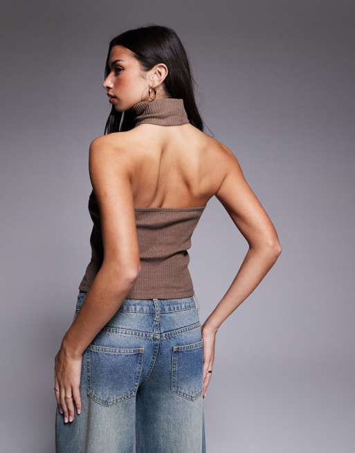 River Island ribbed roll neck halter top in light brown