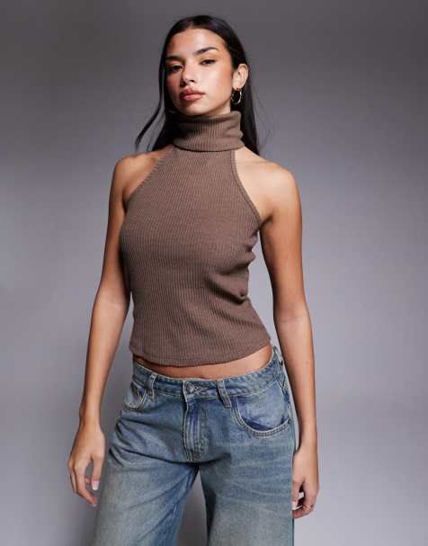 River Island ribbed roll neck halterneck top in light brown - view 1