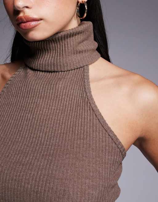 River Island ribbed roll neck halterneck top in light brown, 4 of 4