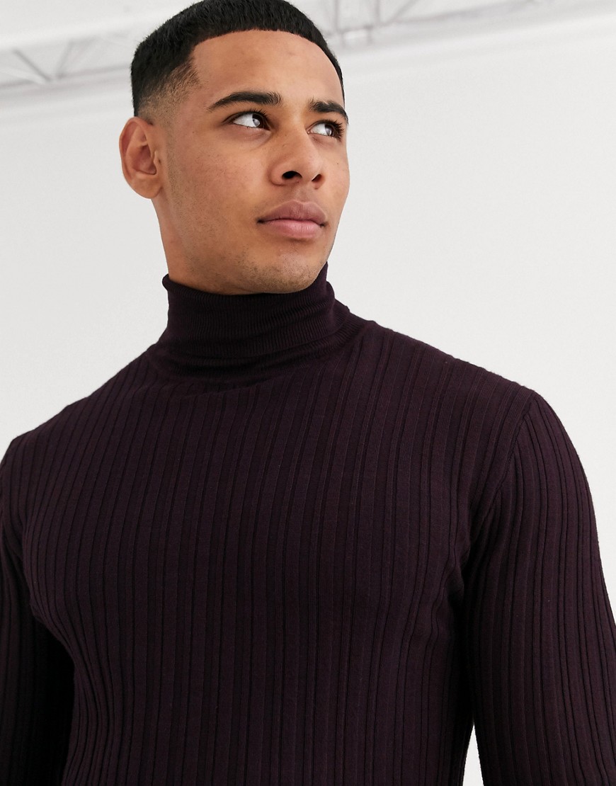 River Island ribbed roll neck jumper in burgundy-Purple