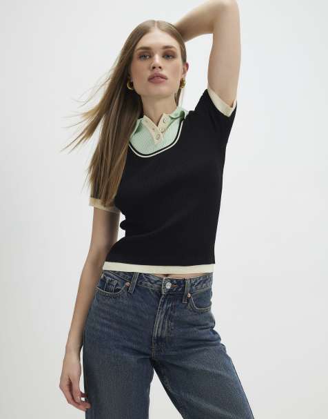 River Island Ribbed short sleeve layered polo shirt in navy - view 1