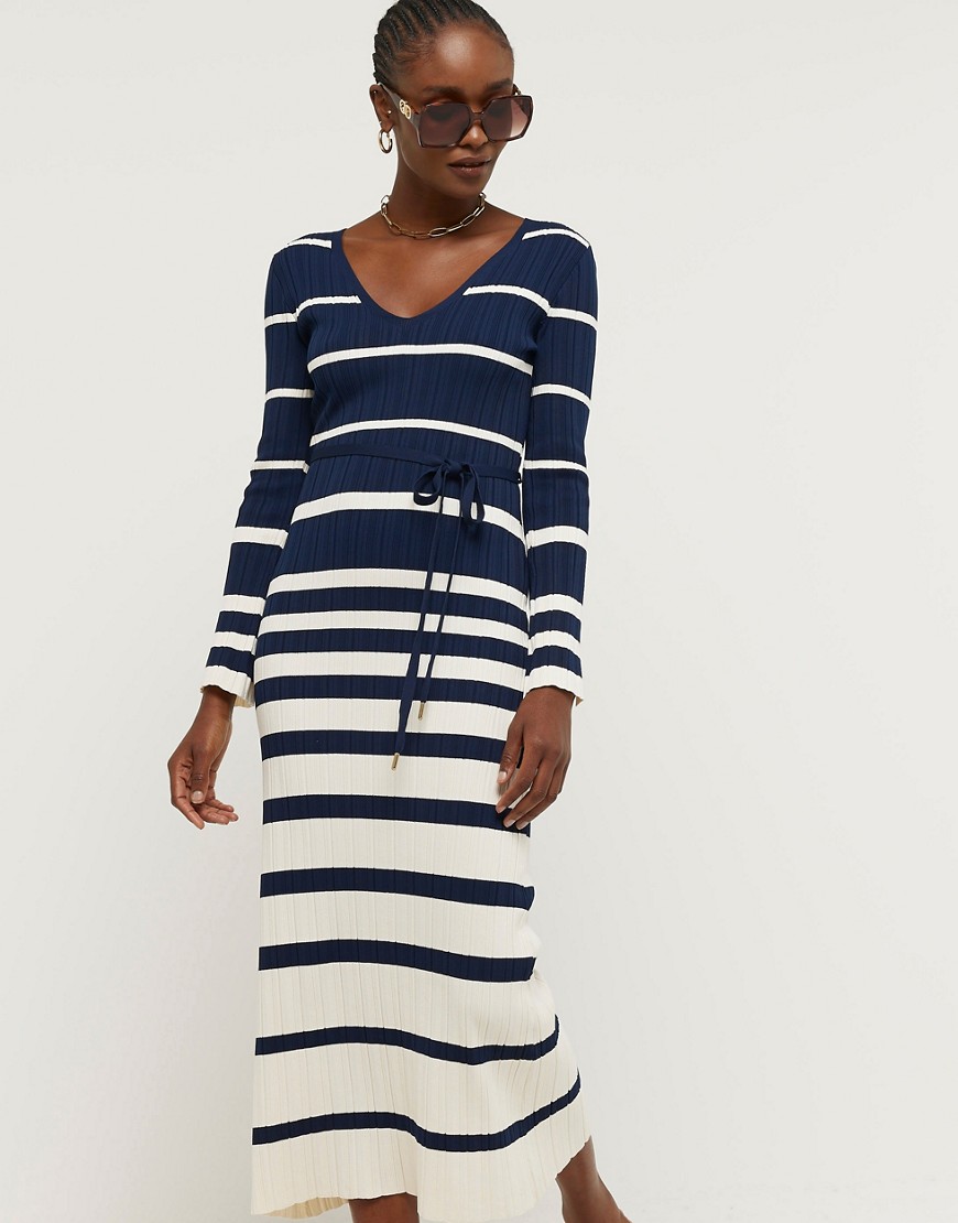 River Island Ribbed stripe belted bodycon maxi dress in navy