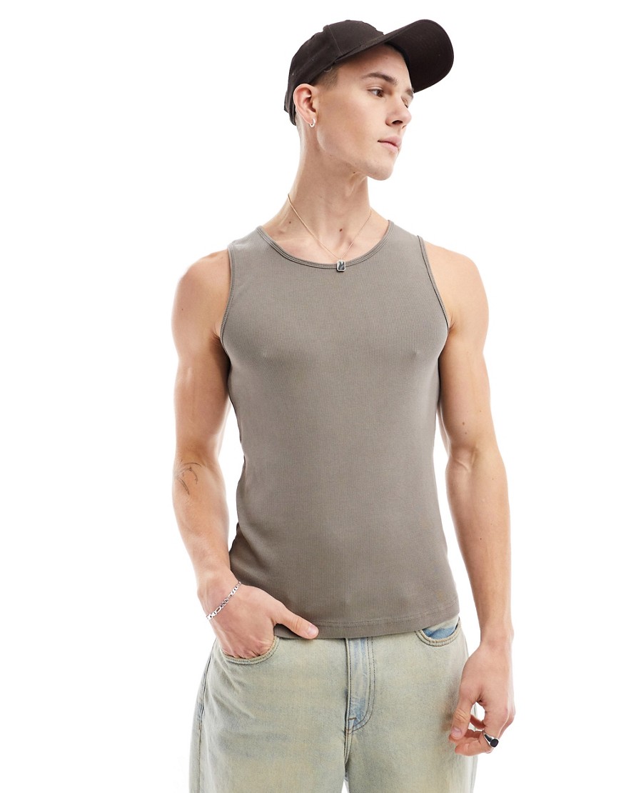 ribbed tank top in washed khaki-Green