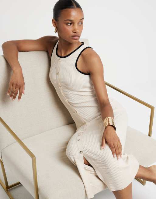 River Island Ribbed taped bodycon midi dress in cream | ASOS