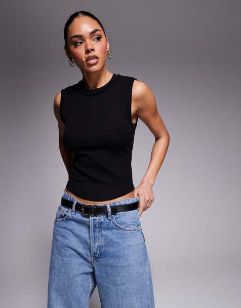 River Island - Ribstrikket sort tanktop - view 1