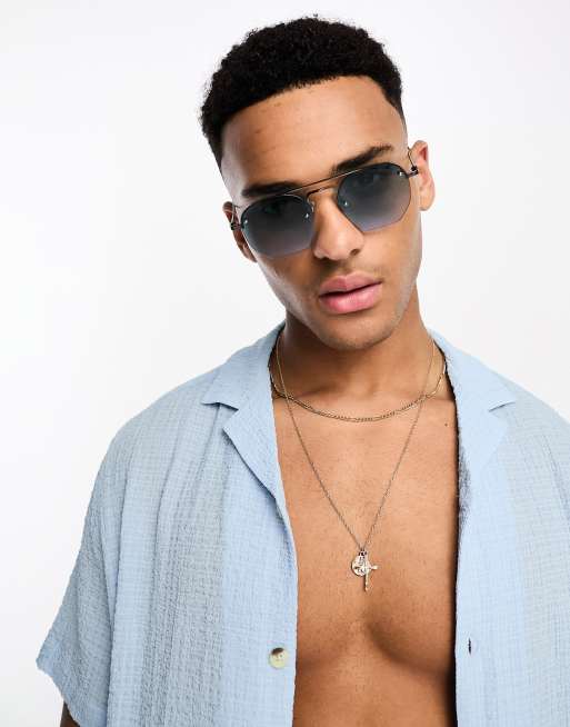 River Island Rimless Aviator Sunglasses In Blue Asos