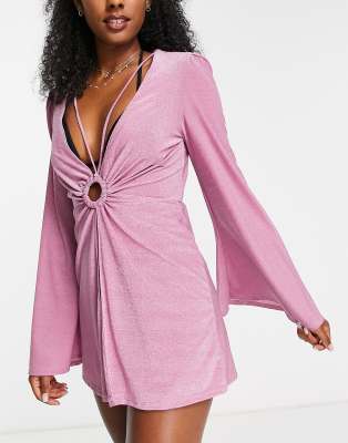 River Island Ring Detail Kaftan Mini Beach Dress In Purple