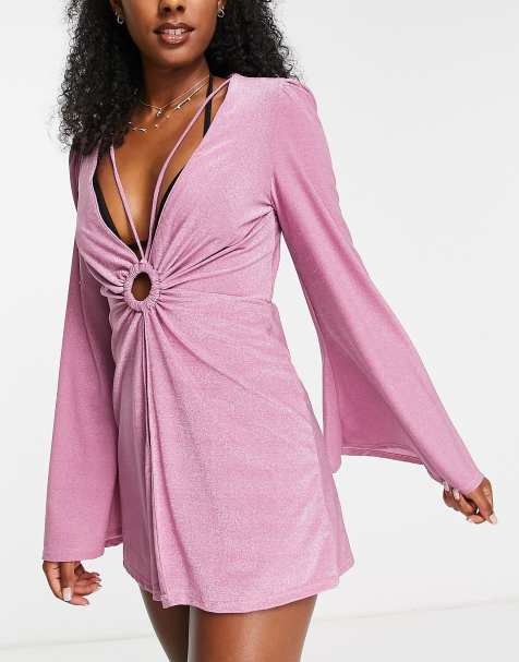 River Island ring detail kaftan mini beach dress in purple - view 1